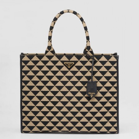 Prada Symbole Large Bag In Black/Beige Jjacquard Fabric