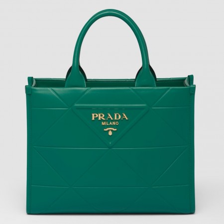 Prada Symbole Small Bag with Topstitching in Green Leather