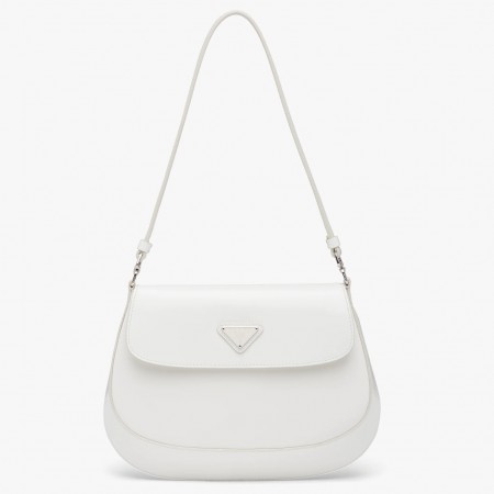 Prada White Brushed Leather Cleo Shoulder Bag with Flap