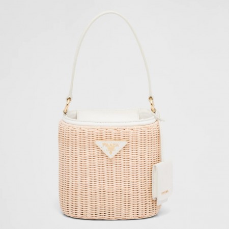 Prada Bucket Bag In Wicker and White Canvas