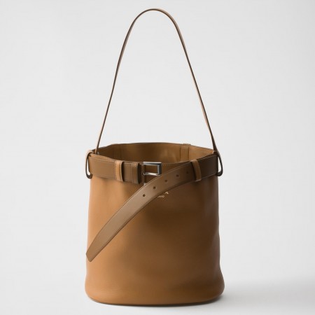 Prada Buckle Bucket Bag with Belt in Caramel Calfskin 