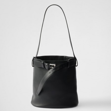 Prada Buckle Bucket Bag with Belt in Black Calfskin