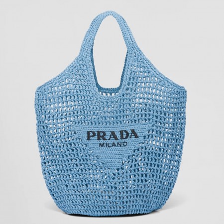 Prada Large Tote Bag In Blue Woven Raffia