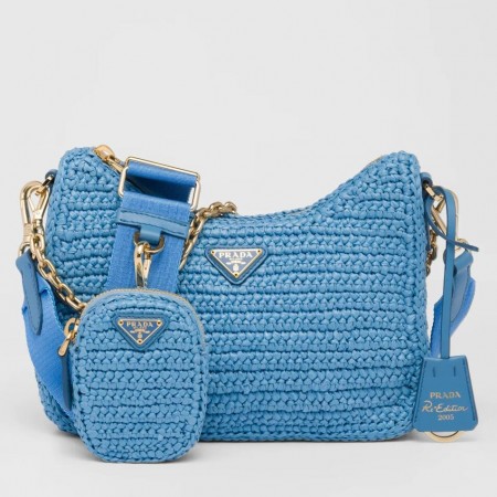 Prada Re-Edition 2005 Shoulder Bag In Blue Raffia