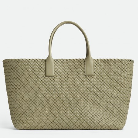 Bottega Veneta Large Cabat Bag In Travertine Intrecciato Lambskin