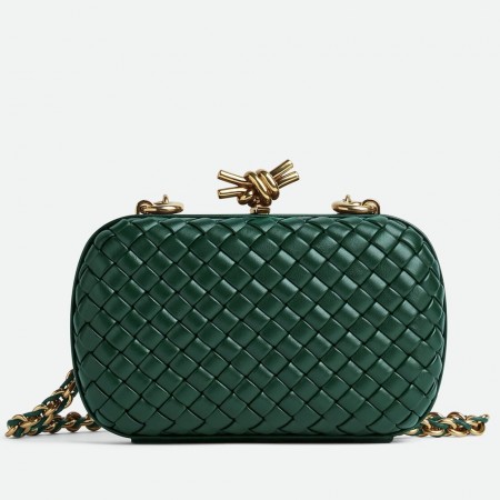 Bottega Veneta Knot Clutch with Chain in Green Intrecciato Lambskin