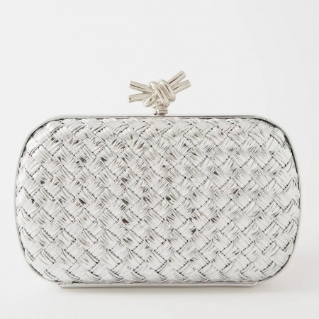 Bottega Veneta Knot Minaudiere Clutch In Silver Intreccio laminated Leather 