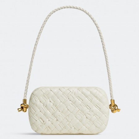 Bottega Veneta Knot Minaudiere On Strap In White Foulard Intreccio Leather