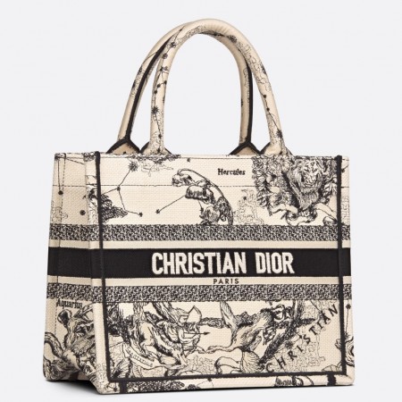 Dior New Small Book Tote In White Toile de Jouy Zodiac Embroidery