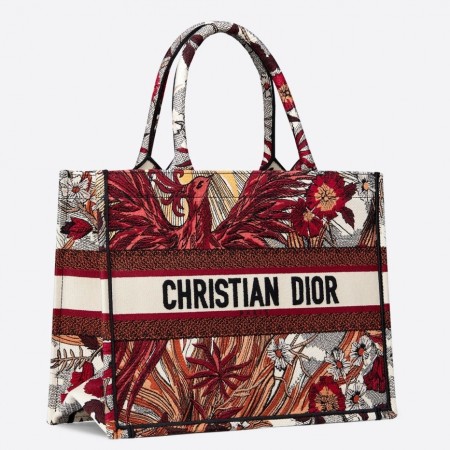 Dior Small Book Tote Bag In Red Phoenix Canvas