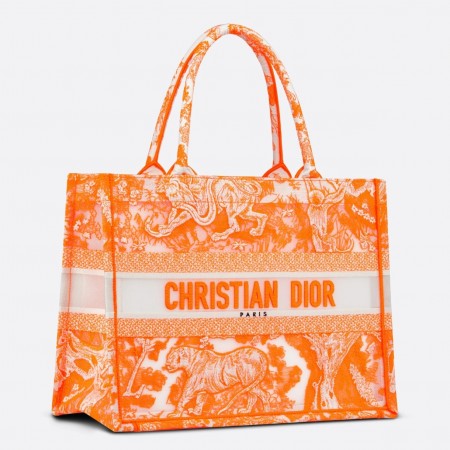 Dior Medium Book Tote Bag In Orange Transparent Toile de Jouy Canvas