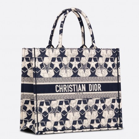 Dior Large Book Tote Bag In Blue and White Dior Etoile Embroidery