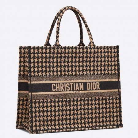 Dior Book Tote Bag In Houndstooth Embroidery Canvas