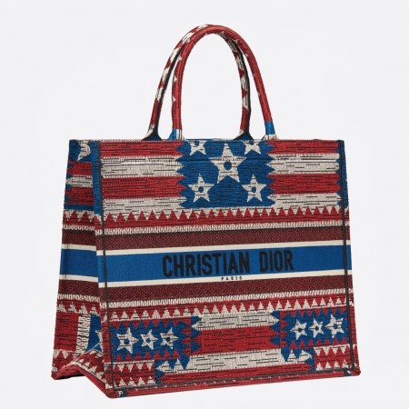 Dior Book Tote Bag In American Flag Embroidered Canvas