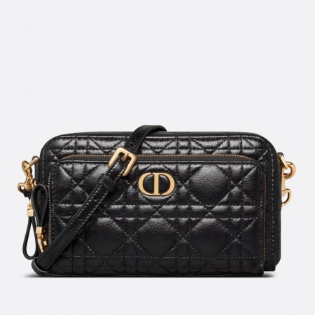 Dior Caro Double Pouch In Black Cannage Calfskin
