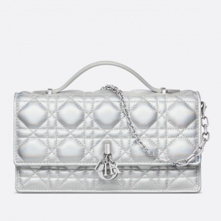 Dior Miss Dior Mini Bag In Iridescent Metallic Silver Lambskin