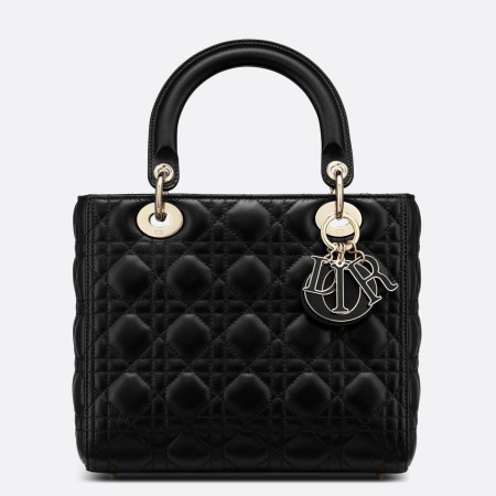 Dior Medium Lady Dior Bag with Enamel Charm In Black Lambskin