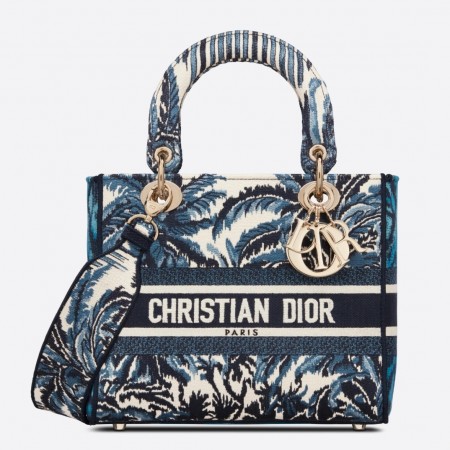 Dior Medium Lady D-Lite Bag In Blue Dior Palms Embroidery