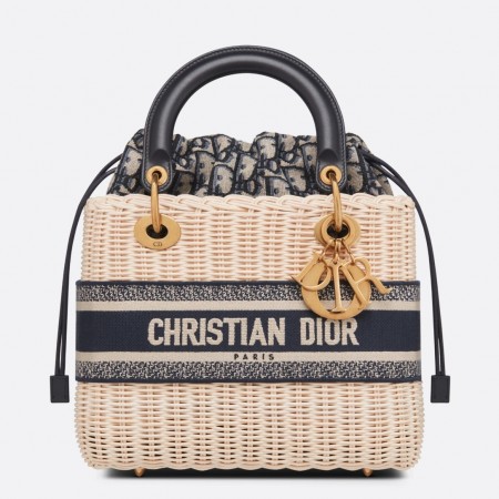 Dior Medium Lady Dior Bag In Wicker and Blue Oblique Jacquard