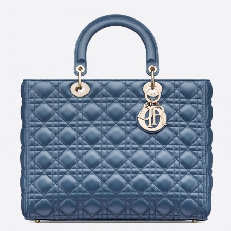 Dior Large Lady Dior Bag In Denim Blue Cannage Lambskin