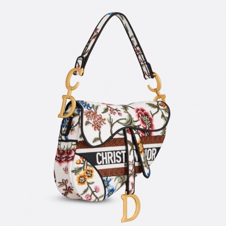 Dior Saddle Bag In White Multicolor Dior Petites Fleurs Embroidery