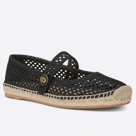 Dior Caro Espadrille Ballerina Flat In Black Mesh Embroidery