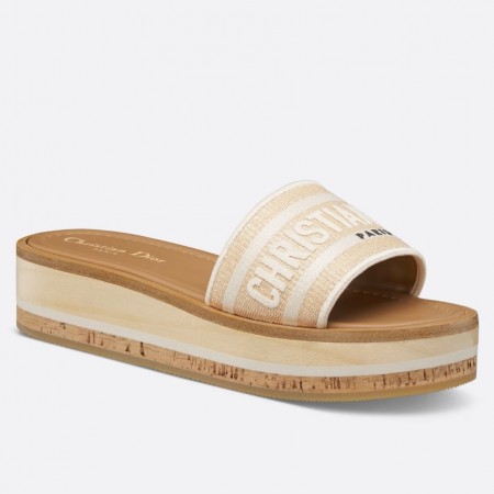 Dior Dioriviera Dway Platform Slides in Raffia and White Embroidered Cotton