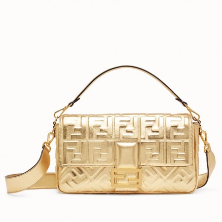Fendi Baguette Large Bag In Gold Lambskin With FF Motif