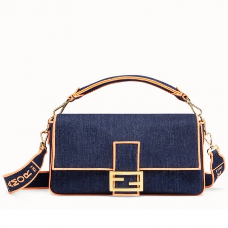 Fendi Large Baguette Bag In Blue Denim With Orange Trim