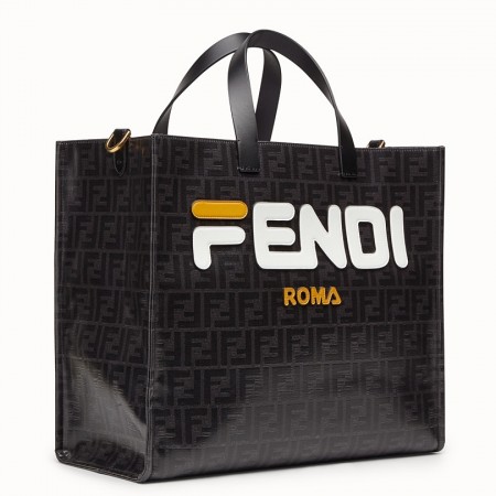 Fendi Black Glazed Fabric Shopper White Logo Bag