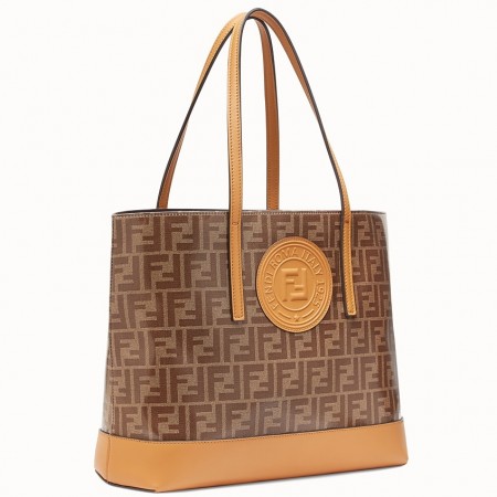 Fendi Logo Shopper Bag In Glazed Fabric With Tan Leather