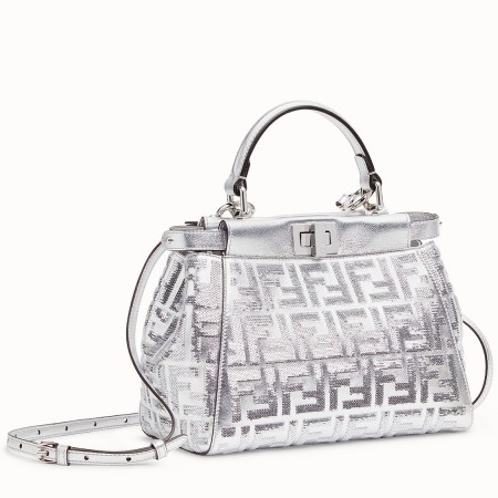 Fendi Peekaboo Mini Bag In Silver Lambskin With FF Sequins