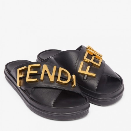 Fendi Fendigraphy Slides In Black Calfskin