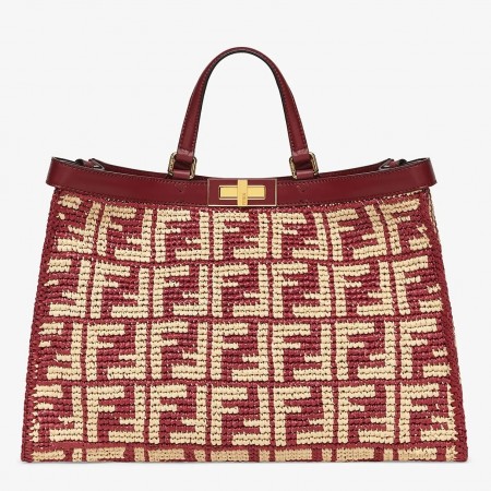 Fendi Peekaboo X-Tote Shopper In Burgundy FF Raffia