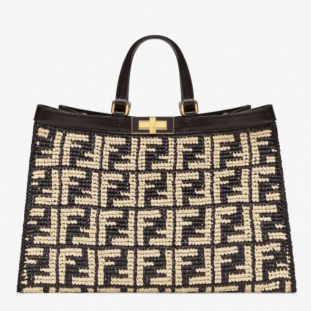 Fendi Peekaboo X-Tote Shopper In Black FF Raffia