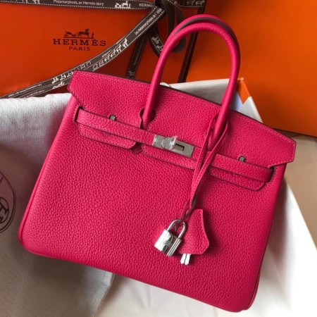 Hermes Birkin 25cm Bag In Rose Red Clemence Leather