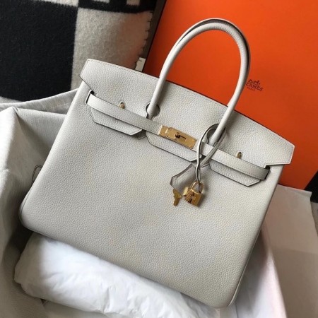 Hermes Birkin 35cm Bag In Pearl Grey Clemence Leather GHW