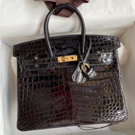 Hermes Birkin 25 Handmade Bag In Black Crocodile Niloticus Shiny Skin