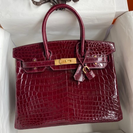 Hermes Birkin 30 Handmade Bag In Bordeaux Crocodile Niloticus Shiny Skin