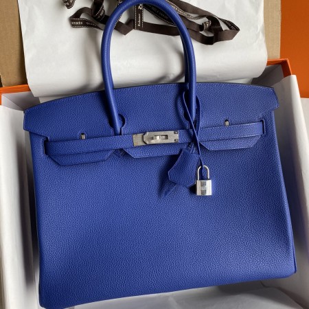 Hermes Birkin 35 Retourne Handmade Bag In Blue Electric Clemence Leather