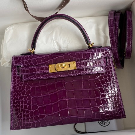 Hermes Kelly Mini II Sellier Handmade Bag In Purple Shiny Alligator Leather