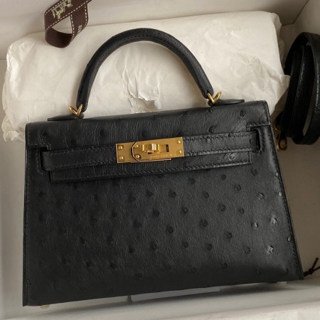 Hermes Kelly Mini II Sellier Handmade Bag In Black Ostrich Leather 