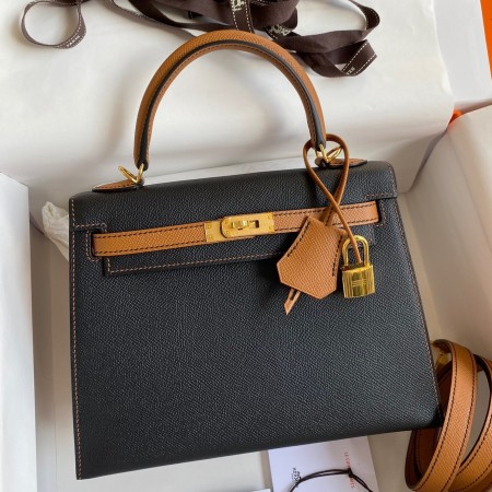 Replica Hermes Kelly Sellier 25 Bicolor Bag in Black and Gold Epsom ...