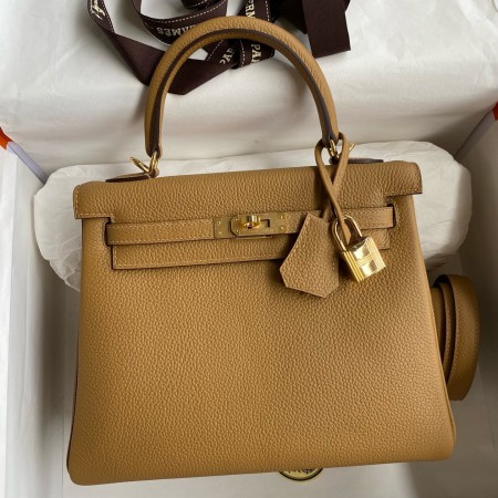 Hermes Kelly Retourne 25 Handmade Bag In Biscuit Clemence Leather 