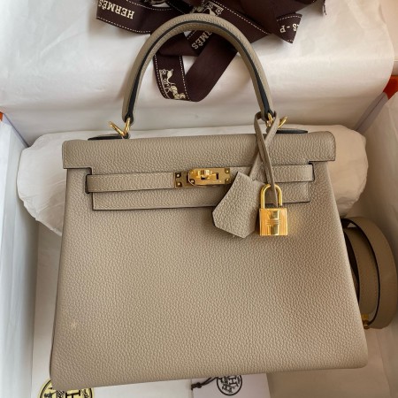 Hermes Kelly Retourne 25 Handmade Bag In Gris Tourterelle Clemence Leather 