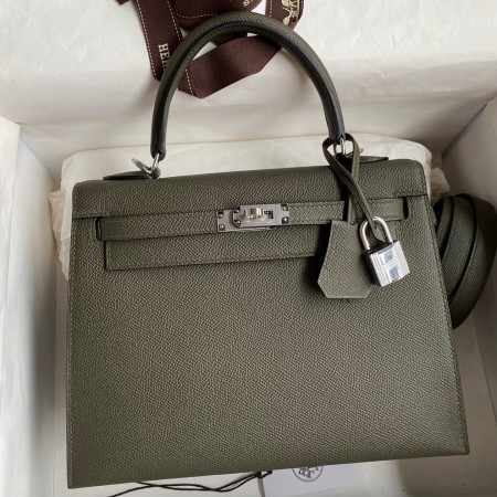 Hermes Kelly Sellier 25 Handmade Bag In Vert De Gris Epsom Calfskin