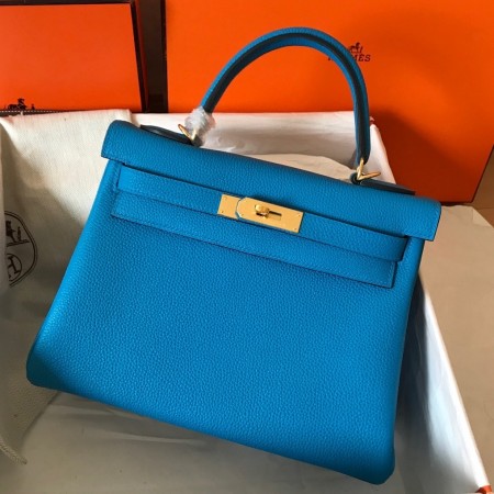 Hermes Kelly Retourne 28 Handmade Bag In Blue Zanzibar Clemence Leather