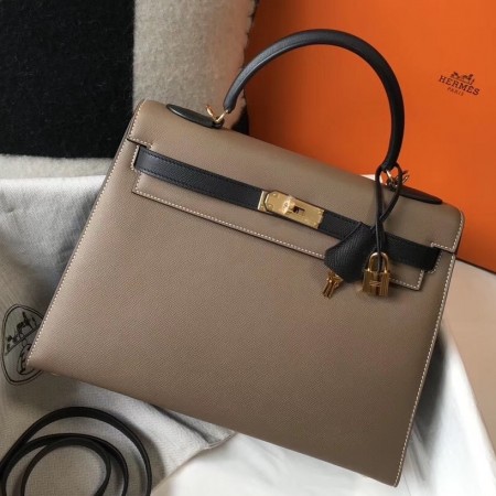 Hermes Bi-color Kelly 32cm Epsom Bag Taupe/Black GHW