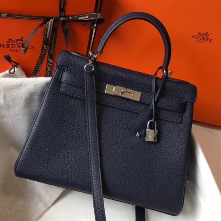 Hermes Kelly 32cm Retourne Bag In Navy Blue Clemence Leather