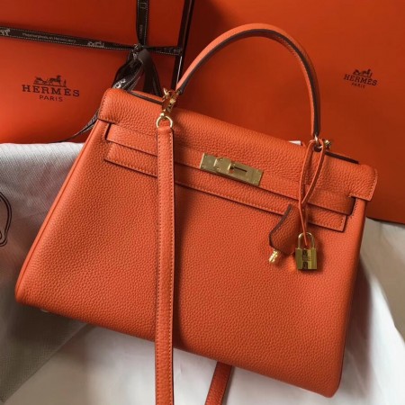 Hermes Kelly 32cm Retourne Bag In Orange Clemence Leather